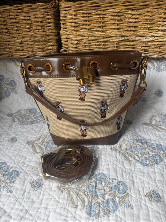 Piton bear￼ Handbags - Cream and Brown Embroidered Bear Bucket Shoulder Bag
